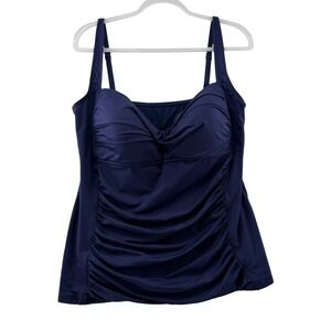 Liz Claiborne Ruched Tankini Swim Top Womens Plus Size 18W Navy Blue Nautical